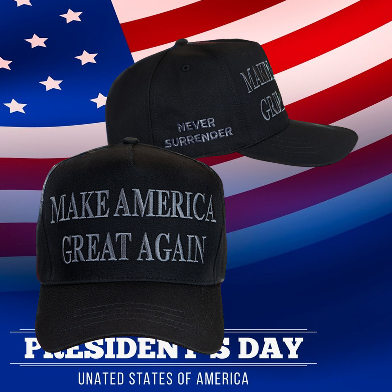 TRUMP NEVER SURRENDER BLACK MAGA Distressed Dad Hat
