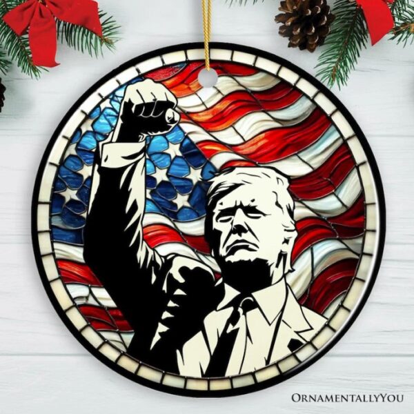 Trump with Raised Fist Stained Glass Christmas Ornament