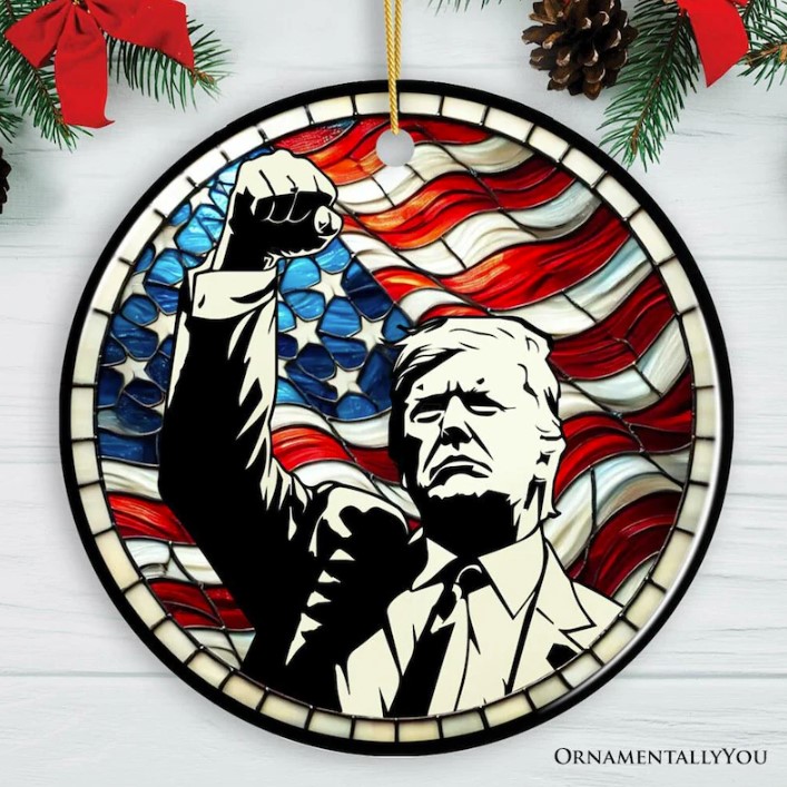 Trump with Raised Fist Stained Glass Christmas Ornament